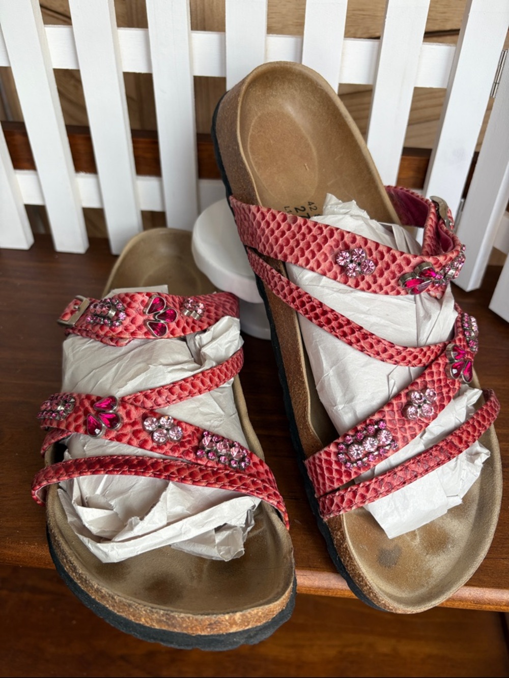Betula by Birkenstock 42 Pink Embossed Jeweled Sandals